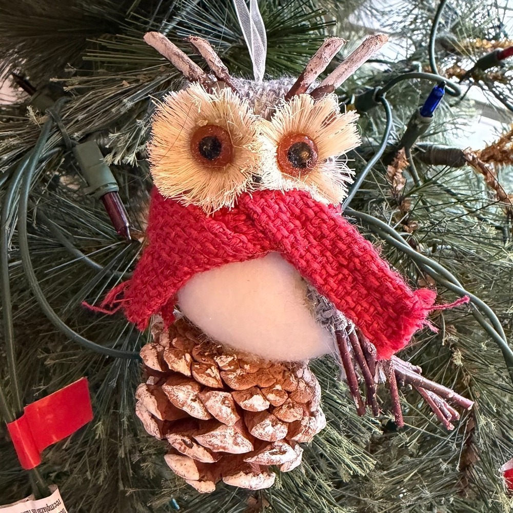 Rustic Pinecone Owl Christmas Ornament Red Burlap Scarf Woodland Holiday Decor